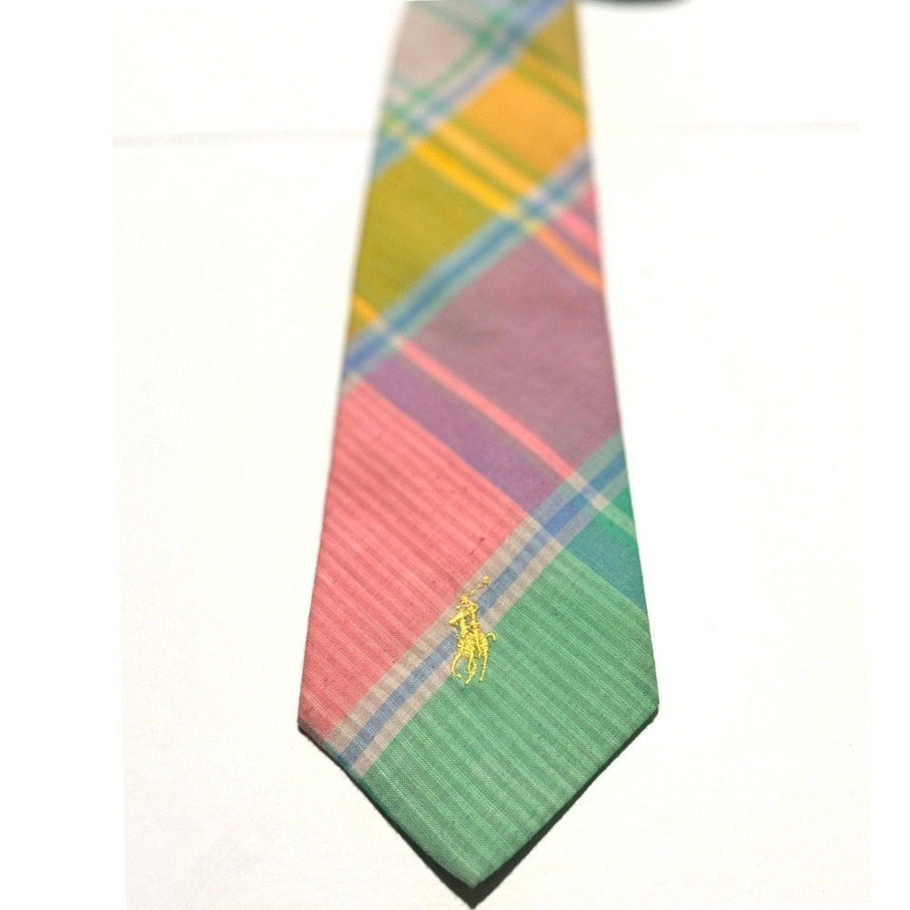 Polo Ralph Lauren Necktie Madras Plaid Cotton Pony Logo Ivy League Preppy Tie
